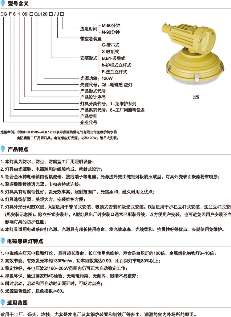 DGF6105-□QL120免维护节能防水防尘防腐灯的型号含义、特点、适用范围